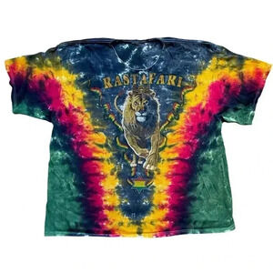 Vintage Rastafari Lion Men's All Over Tie Dye Reggae T-Shirt Cut Collar 2XL/3XL